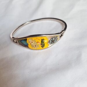 Vintage Hinged Bangle Bracelet Mother Pearl Inlay & Dried Flowets Mexico Alpaca